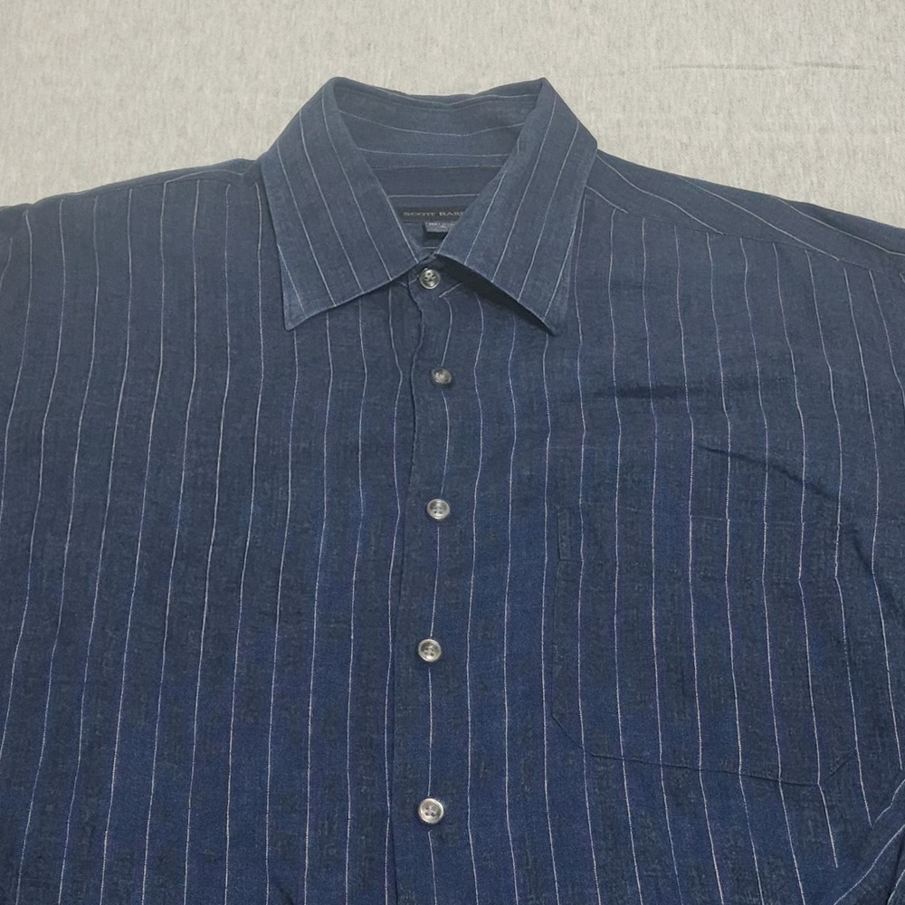Scott Barber Shirt Mens Large Blue White Pinstripe Long Sleeve 100% Linen L